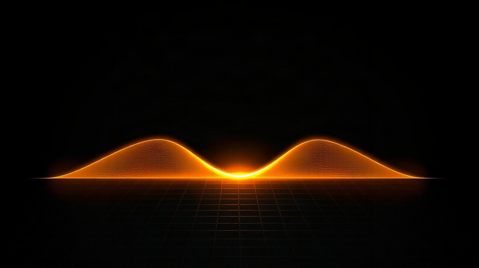 Abstract glowing waveform arching over a reflective grid floor