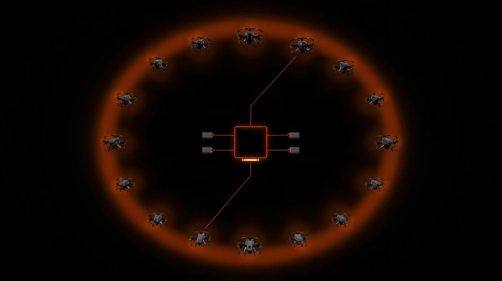 Abstract diagram of small agent icons arranged in a ring around a central command node