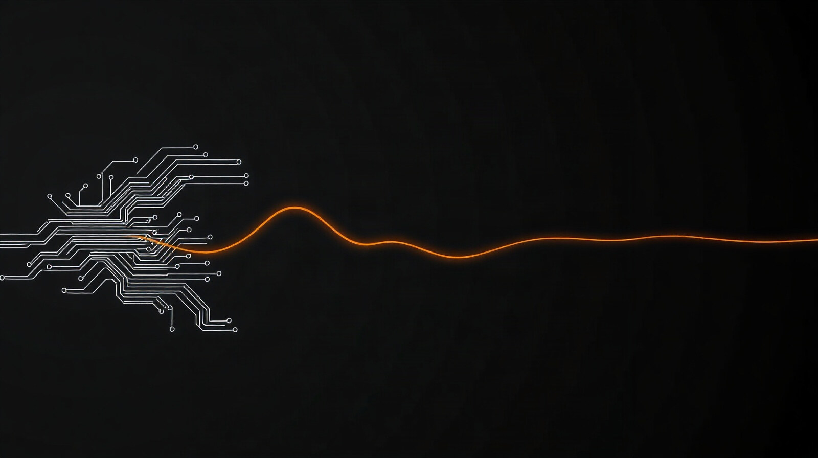Abstract diagram of circuit traces resolving into a single smooth glowing waveform