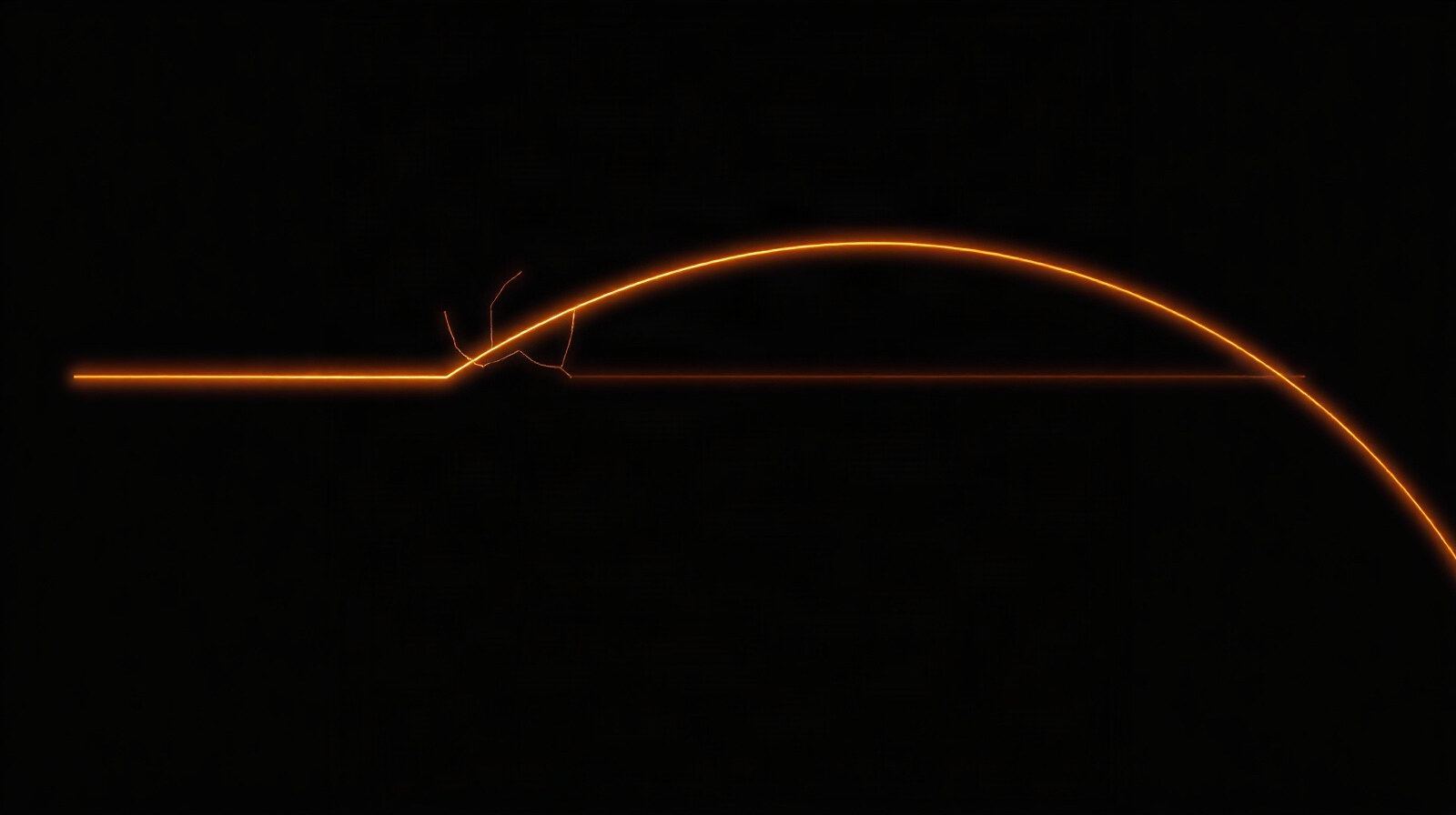 Abstract glowing line, fractured on one side, reassembling into a smooth arc