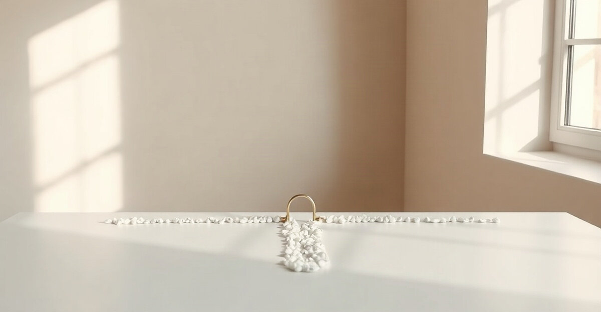 A line of white pebbles on a white table splitting in two, where one branch passes under a small brass arch