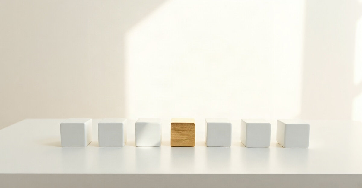 A row of small white cubes on a white table, one of them brass