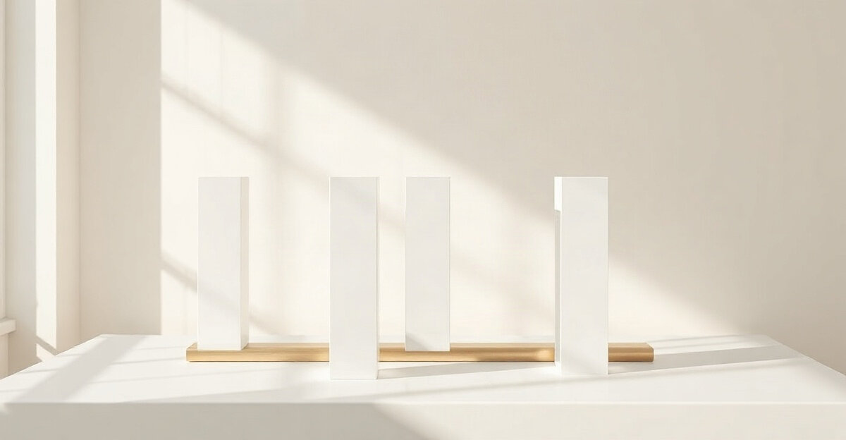 Four tall white blocks standing side by side on a thin brass bar, lit by window light on a cream wall