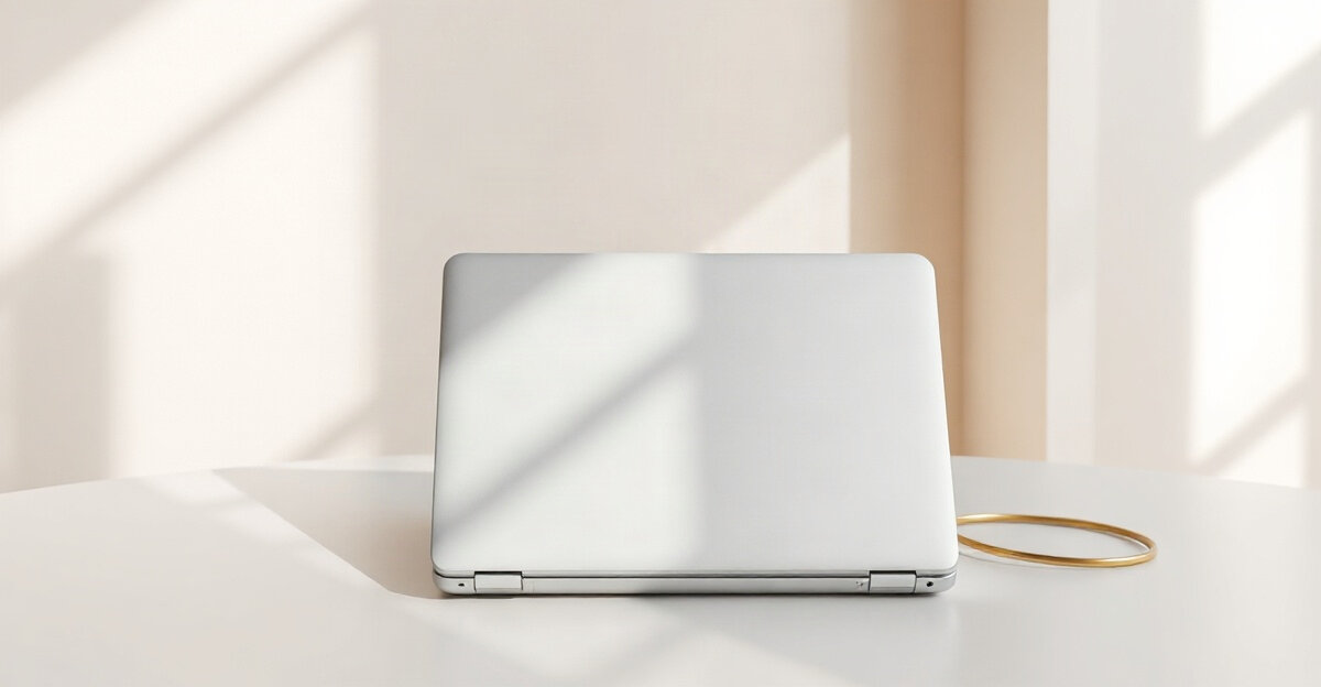A plain silver laptop seen from behind on a white table, with a thin brass ring lying beside it