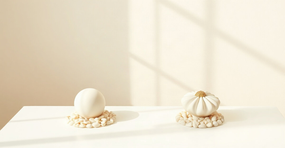 Two separate white sculptural forms on a white table, each resting on its own ring of white pebbles