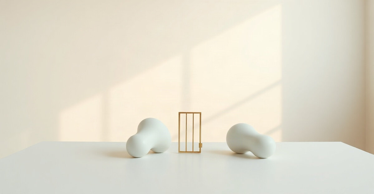 Two white sculptural shapes on a white table facing each other, with a small brass gate standing between them