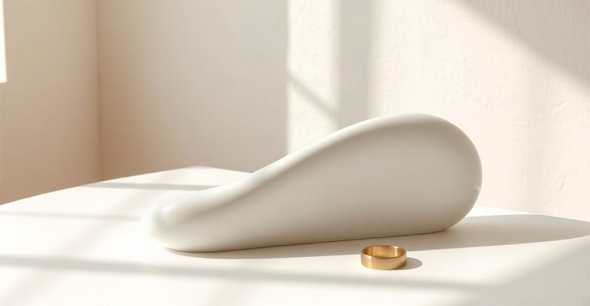 A smooth white ceramic form shaped like a rolling wave on a white table, with a small brass ring beside it