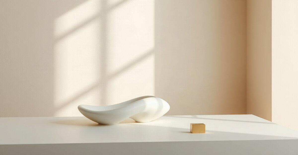A low white wave-shaped sculpture on a white table with a single small brass block beside it