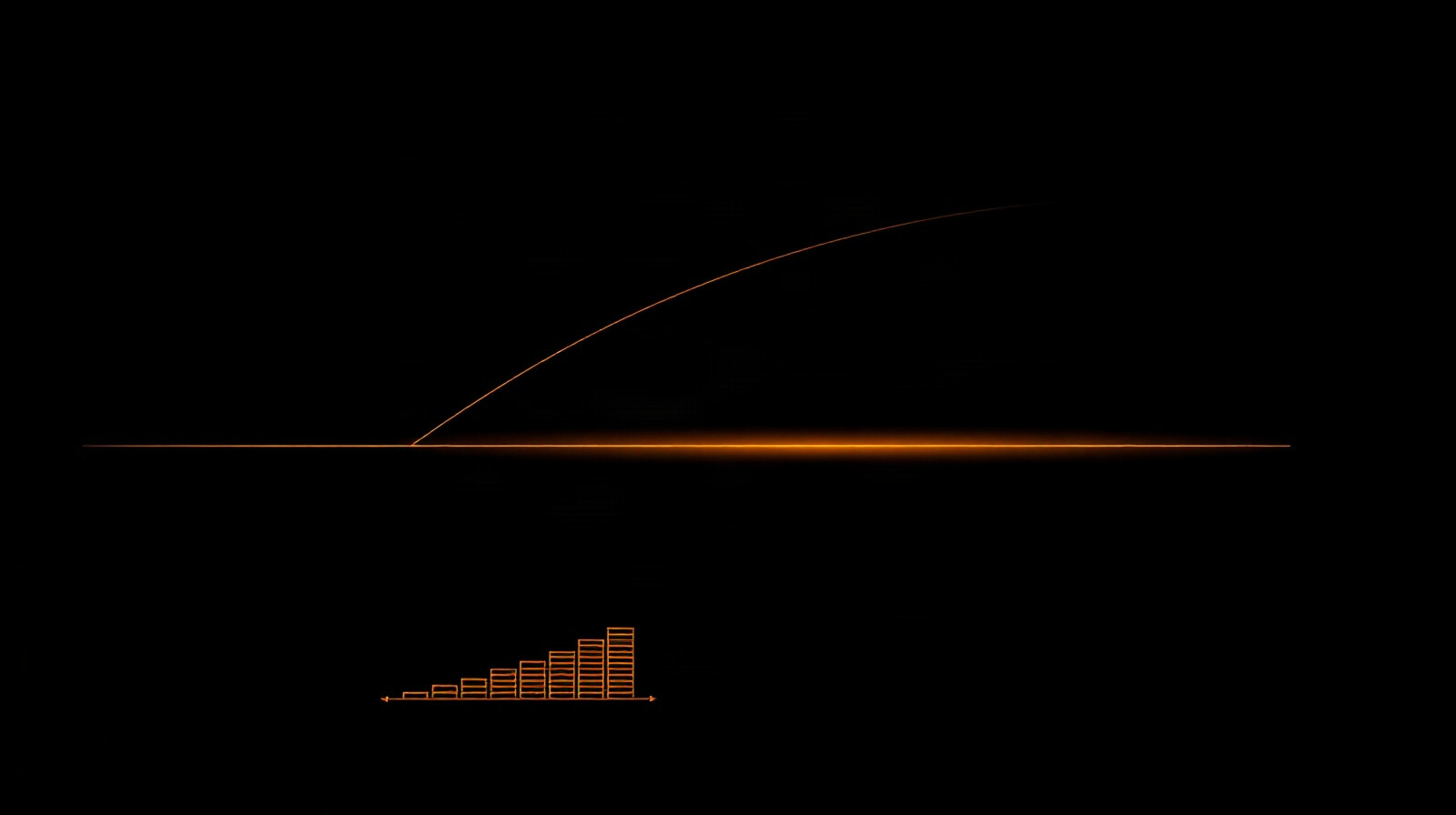 Abstract diagram of a long arcing flight path over a rising bar sequence