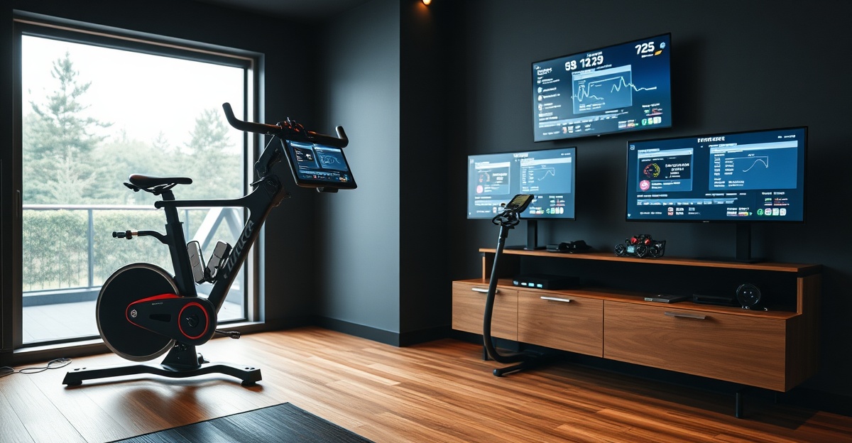 Indoor cycling smart trainer setup with training data screens