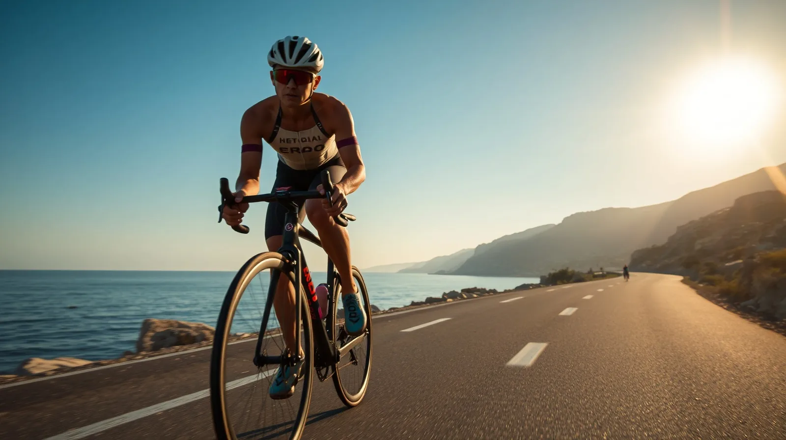 Triathlete on a carbon road bike on a coastal Half Ironman 70.3 course