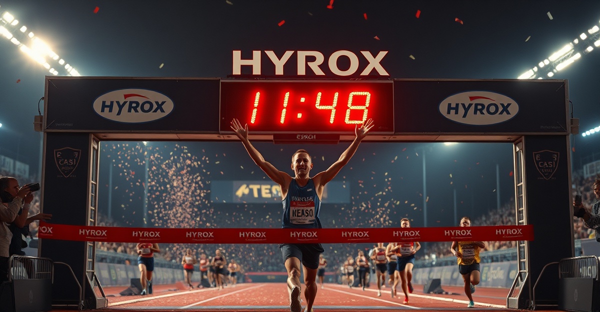 HYROX race timing display with athletes