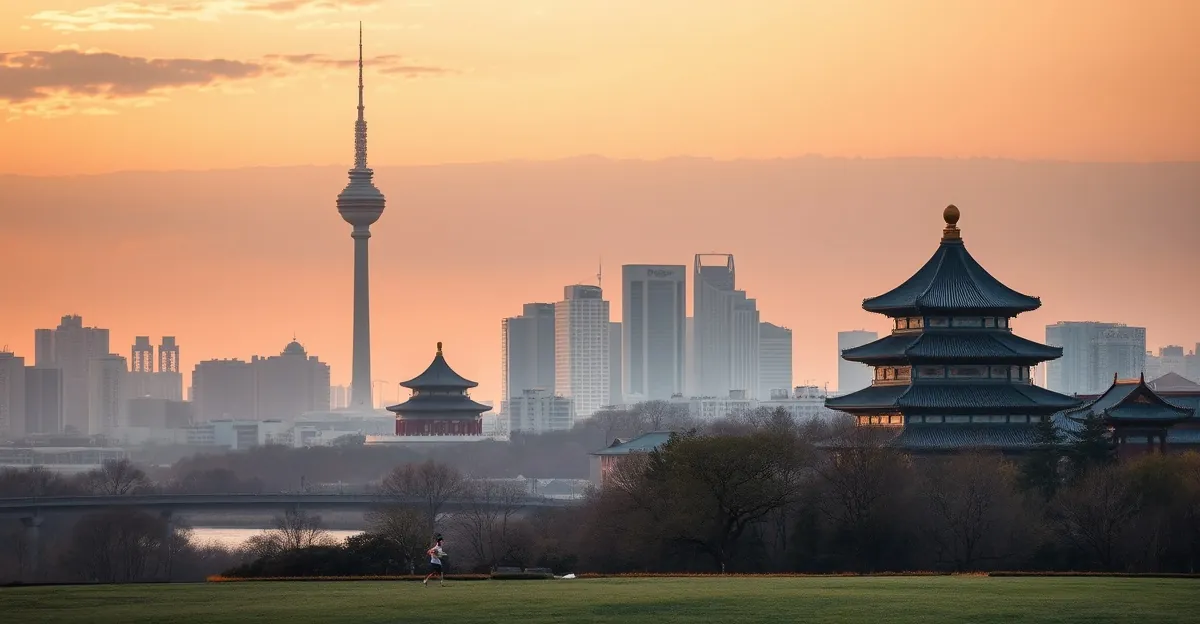 Beijing skyline with the CCTV headquarters and the Olympic National Aquatics Center