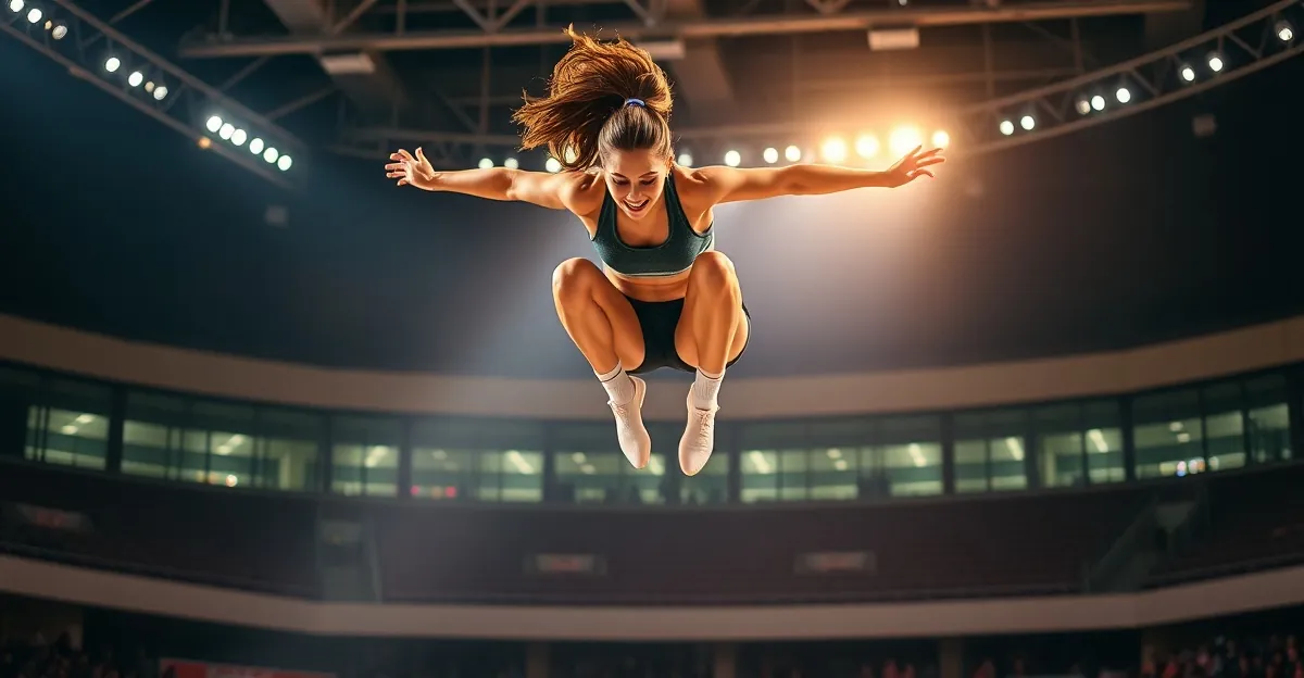 Atleta no ar durante burpee broad jump em competicao HYROX