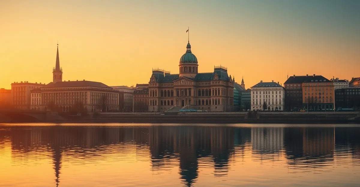 Hannover Neues Rathaus am Maschsee bei Sonnenuntergang
