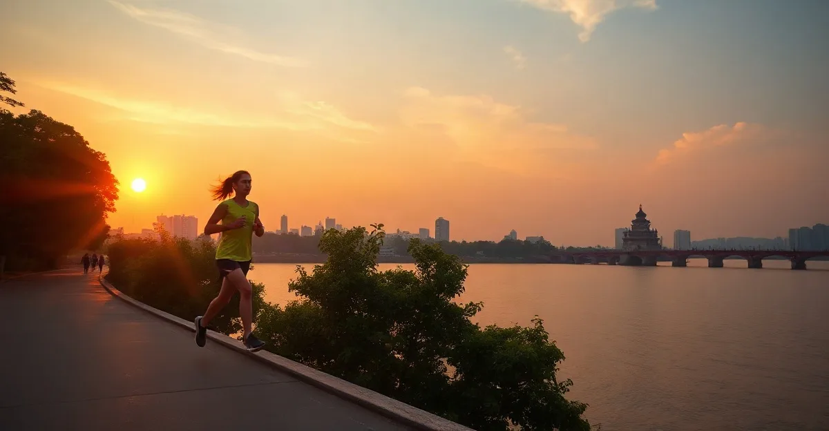 Runner along Hoan Kiem Lake at sunset, Hanoi, Vietnam