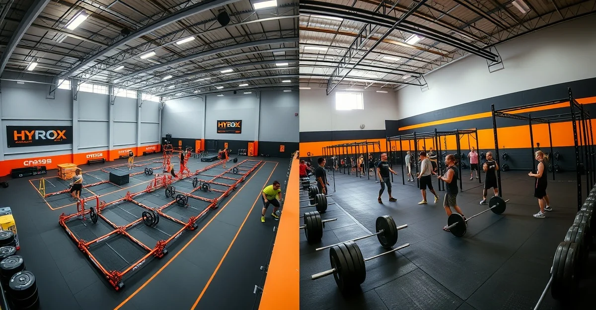 Arena race Hyrox dengan branding oranye dibandingkan dengan box training CrossFit