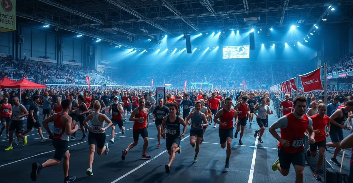 HYROX Rennkalender 2026 mit Athleten in großer Sporthalle