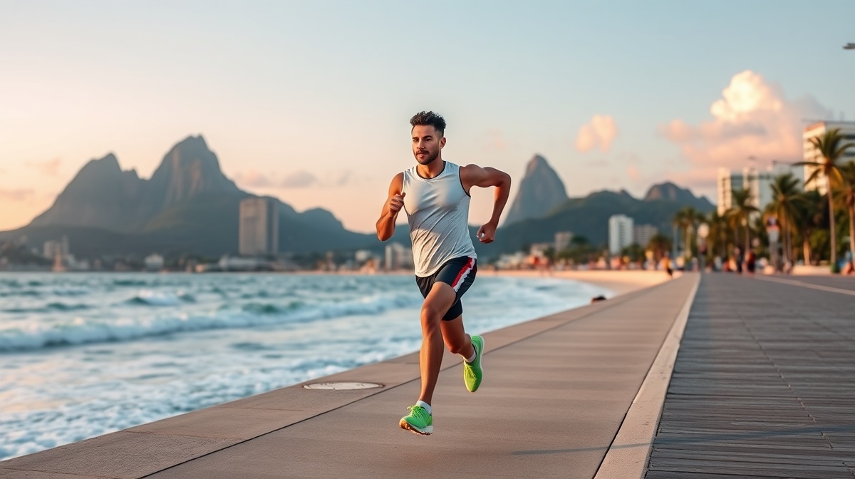 HYROX athlete training in Rio de Janeiro with Sugarloaf Mountain backdrop