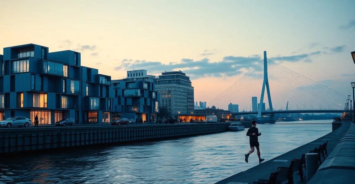 Rotterdam skyline with Erasmus Bridge and HYROX athlete training