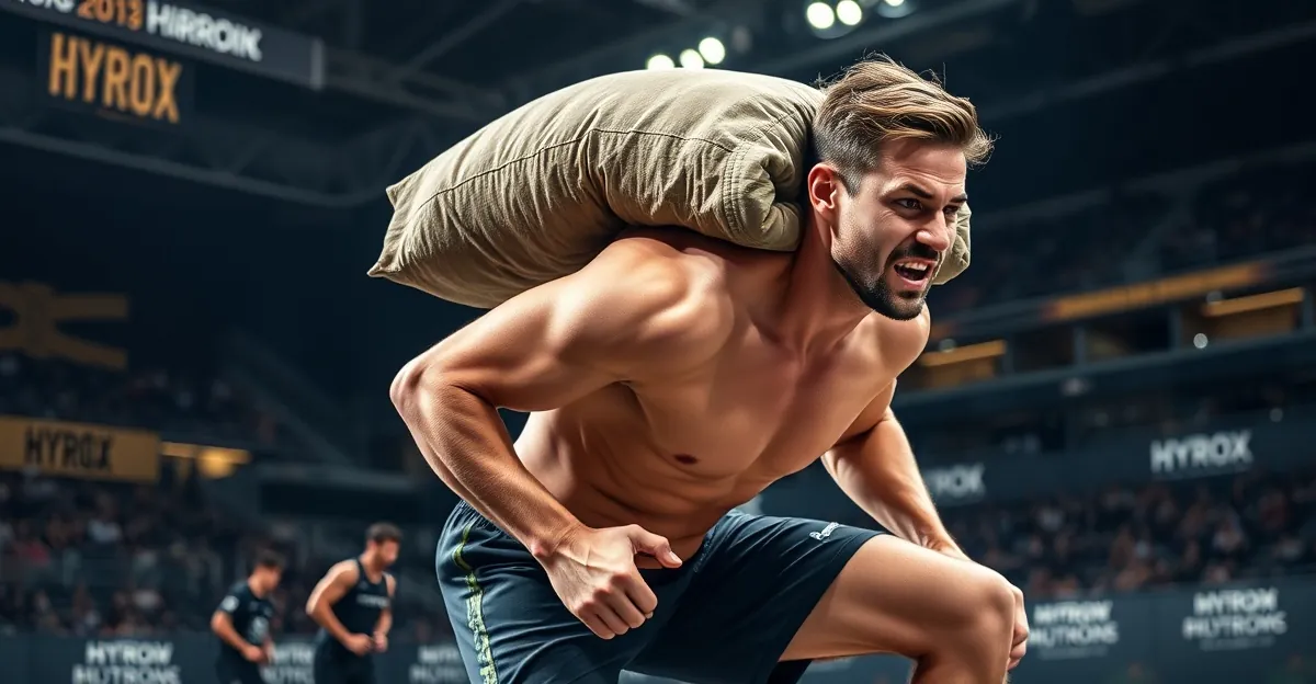 Atleta executando afundos com sandbag durante competicao HYROX