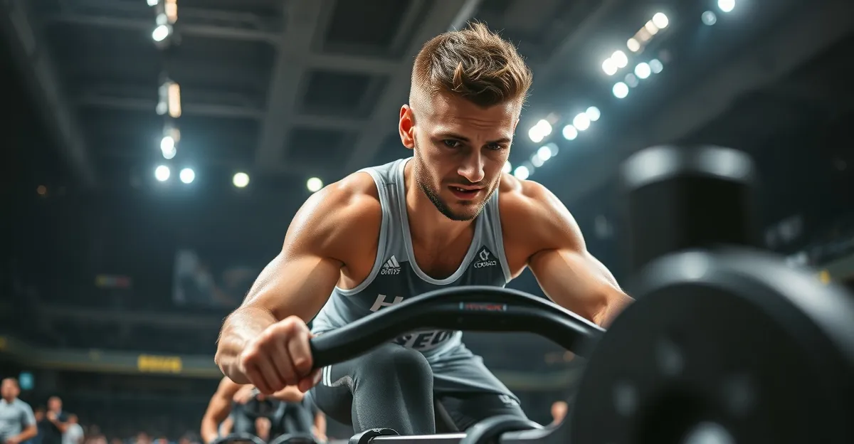 Atleta executando SkiErg durante competicao HYROX