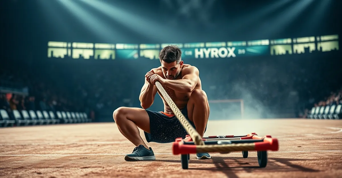 Atleta puxando sled com corda mao-sobre-mao durante HYROX