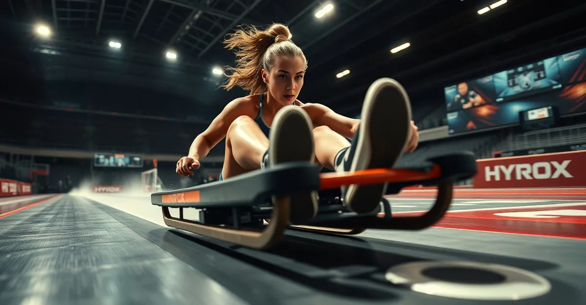 Atleta empurrando sled pesado durante competicao HYROX