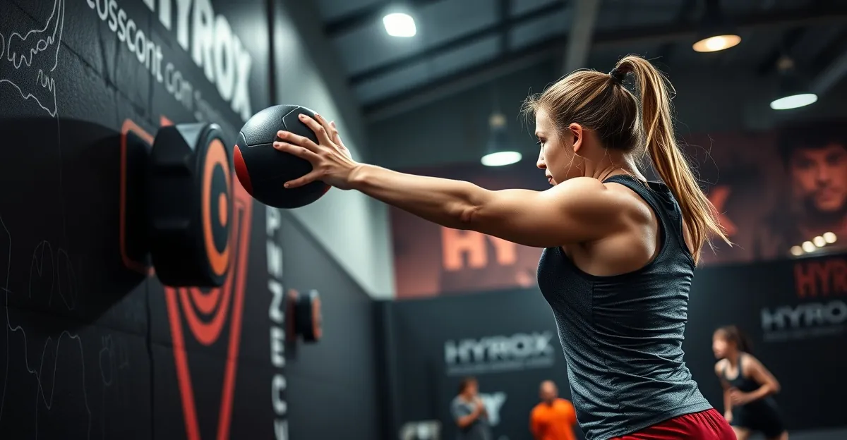 Atleta arremessando medicine ball no alvo durante HYROX