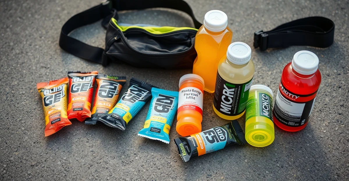 Runner holding energy gel at marathon aid station with race belt visible