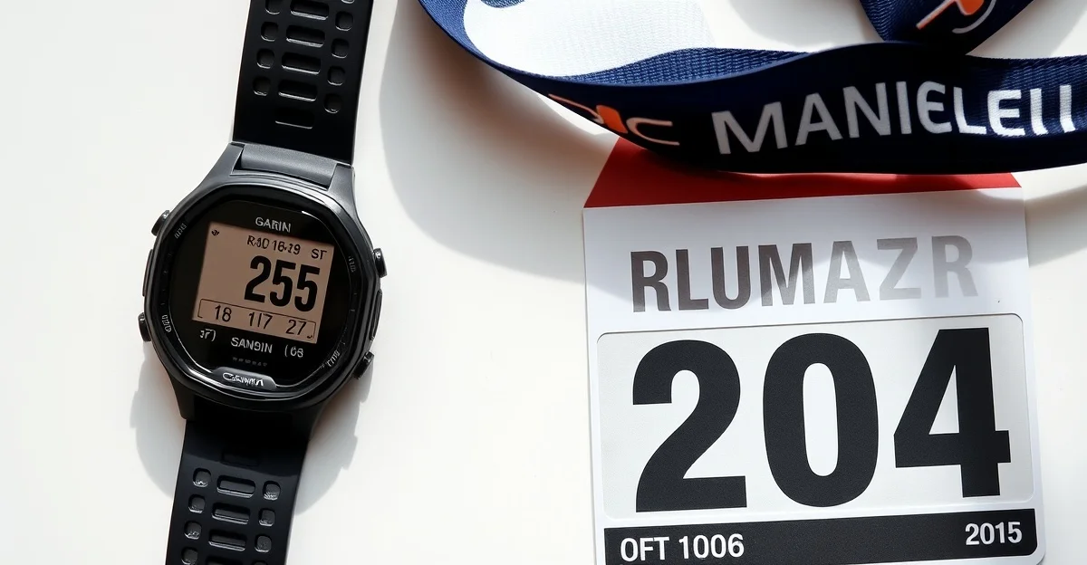 Runner crossing marathon finish line with Garmin watch showing race data