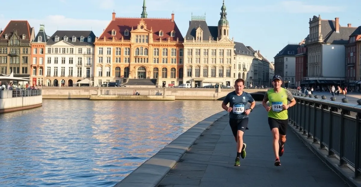 Swimrun athletes racing along the Antwerp waterfront with the city's historic skyline and port cranes visible