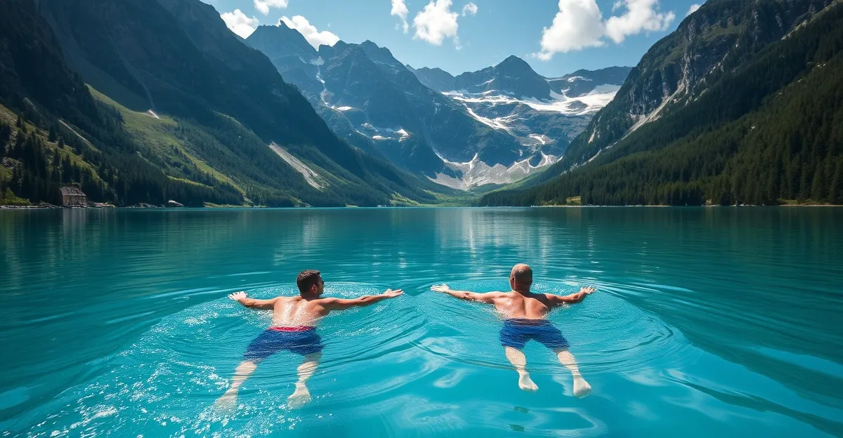 Swimrun athletes emerging from a crystal-clear Alpine lake with Austrian mountain peaks in the background
