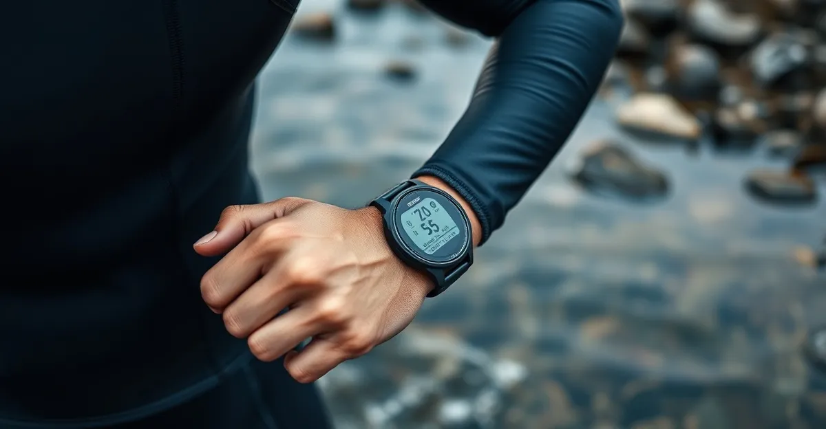 Swimrun athlete checking GPS watch between swim and run sections