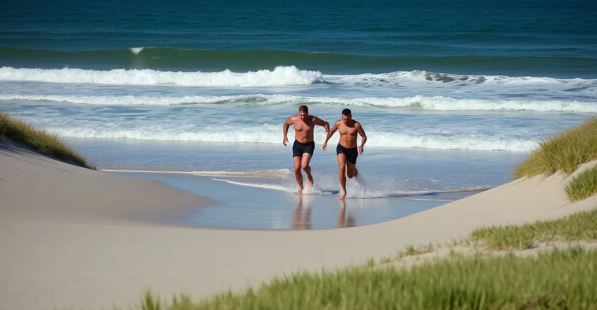 Swimrun athletes running along the sandy Atlantic coastline of Cape Cod with autumn foliage in the background