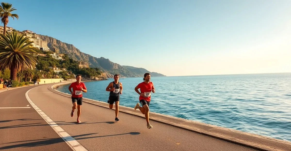 Swimrun athletes swimming in the turquoise Mediterranean waters off Beaulieu-sur-Mer with the French Riviera coastline behind