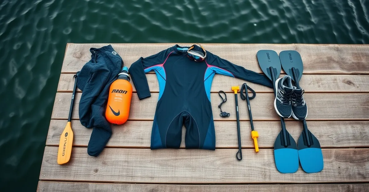 Swimrun equipment laid out — wetsuit, trail shoes, hand paddles, and pull buoy