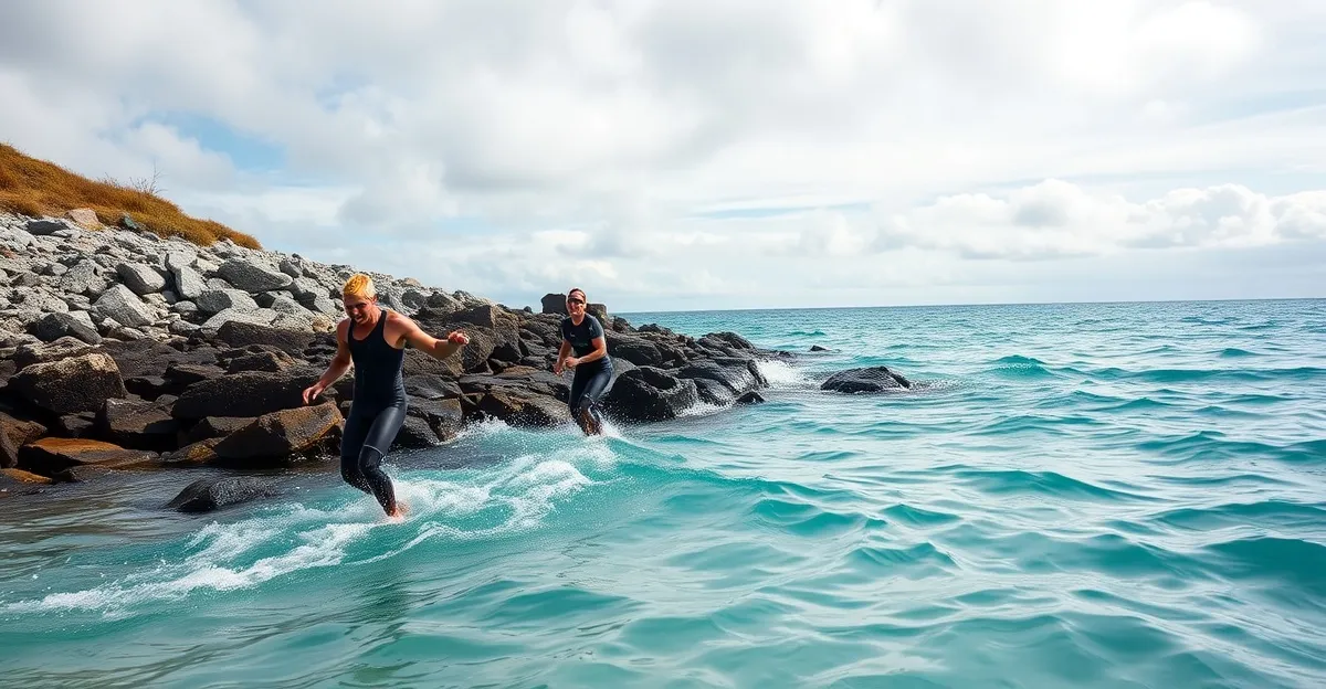 Swimrun athletes emerging from open water onto rocky shoreline