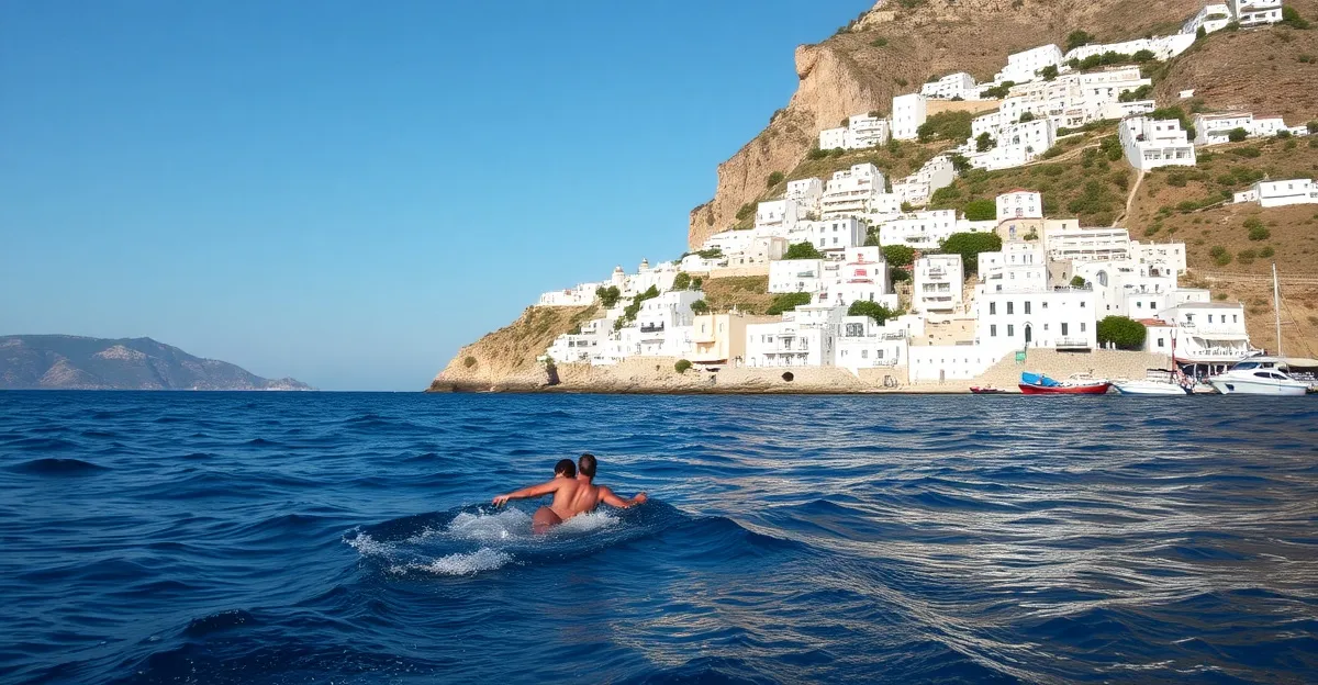 Swimrun athletes swimming in the crystal-clear Aegean waters off Hydra island with the stone harbour town on the hillside behind
