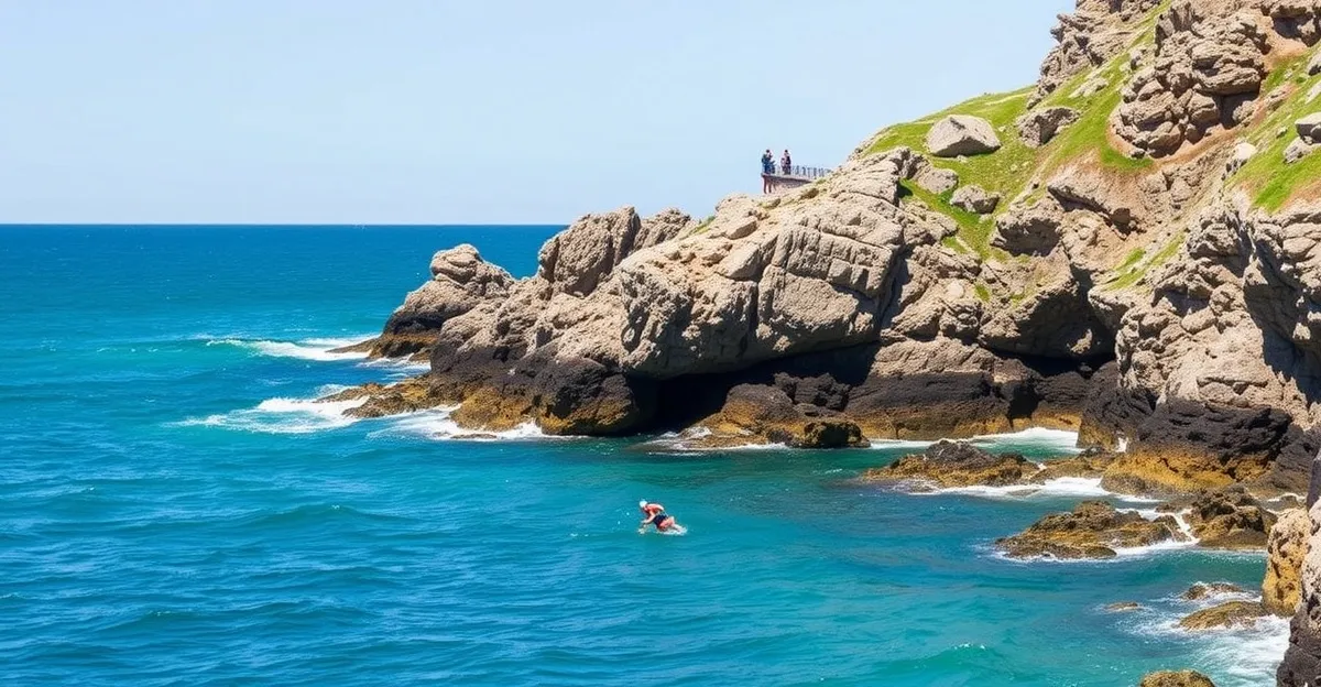 Swimrun athletes navigating the rocky coastline and turquoise waters of Jersey in the Channel Islands