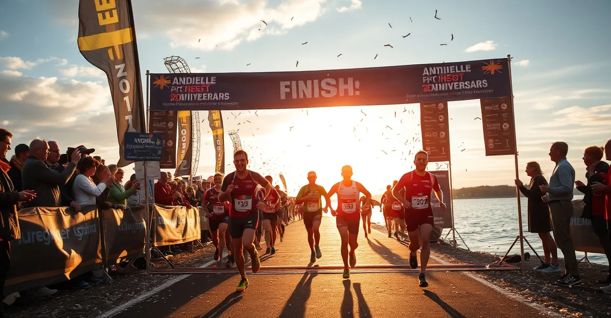 Stockholm waterfront with ÖTILLÖ 20th Anniversary celebration banners and the archipelago in the background