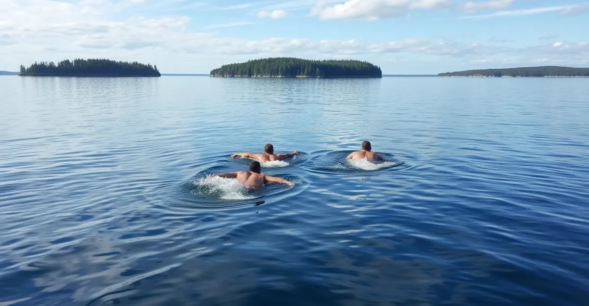 Swimrun athletes crossing between the red granite islands of the Åland archipelago