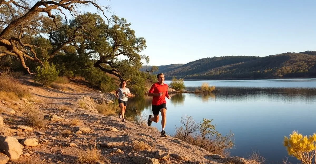 Swimrun athletes running along the shores of a Texas Hill Country lake with autumn foliage
