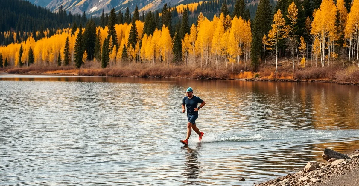 Swimrun athletes running alongside a crystal-clear mountain lake surrounded by golden aspen trees in Colorado