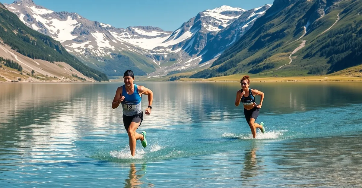 Swimrun athletes running alongside turquoise alpine lakes in the Engadin valley with Swiss mountain peaks
