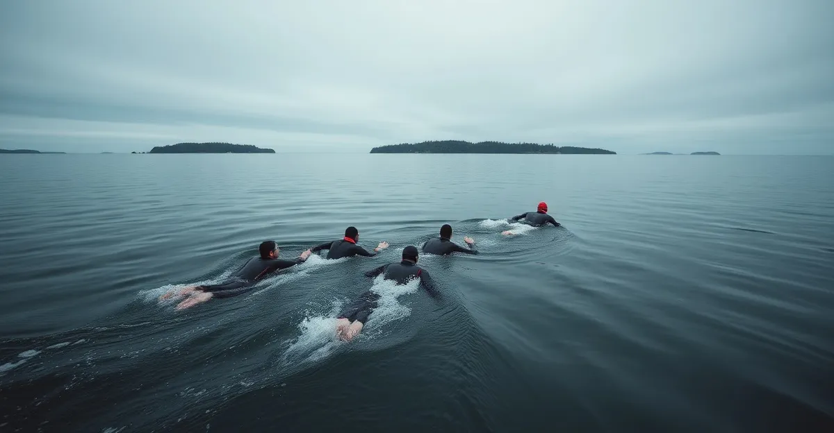 Swimrun athletes navigating between smooth granite islands in the Gothenburg archipelago
