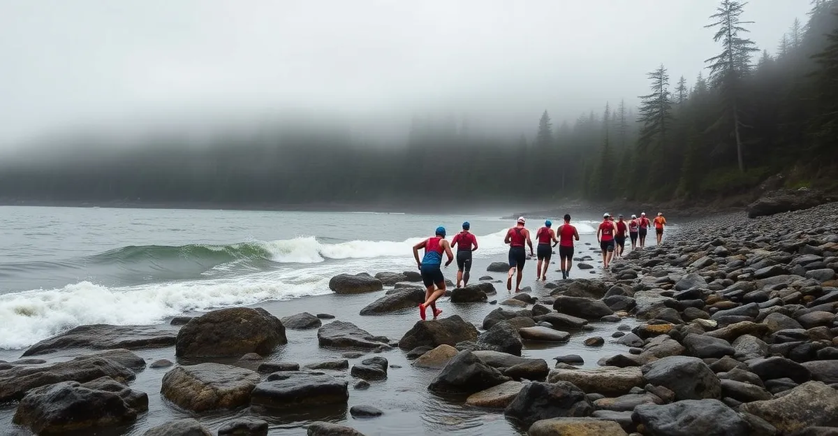 Swimrun athletes emerging from Puget Sound waters with forested Orcas Island hills in the background