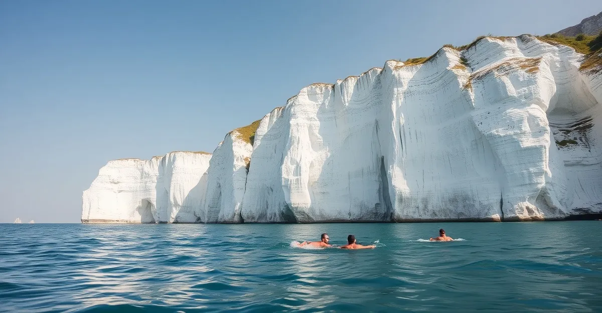 Swimrun athletes racing along the chalk cliffs of Rügen island in the Baltic Sea