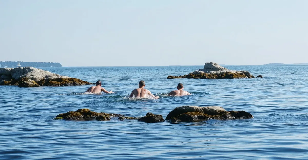 Swimrun team crossing between granite islands in the Stockholm archipelago near Utö