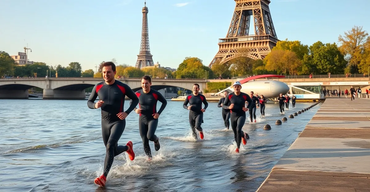 Swimrun athletes racing along the Seine riverbanks in Paris with the city skyline in the background